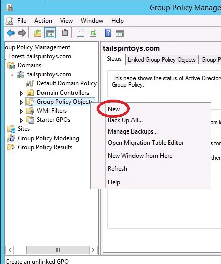 Note: you can also right-click the domain or OU that you want to link the GPO to, and select “Create a GPO in this domain, and link it here.”